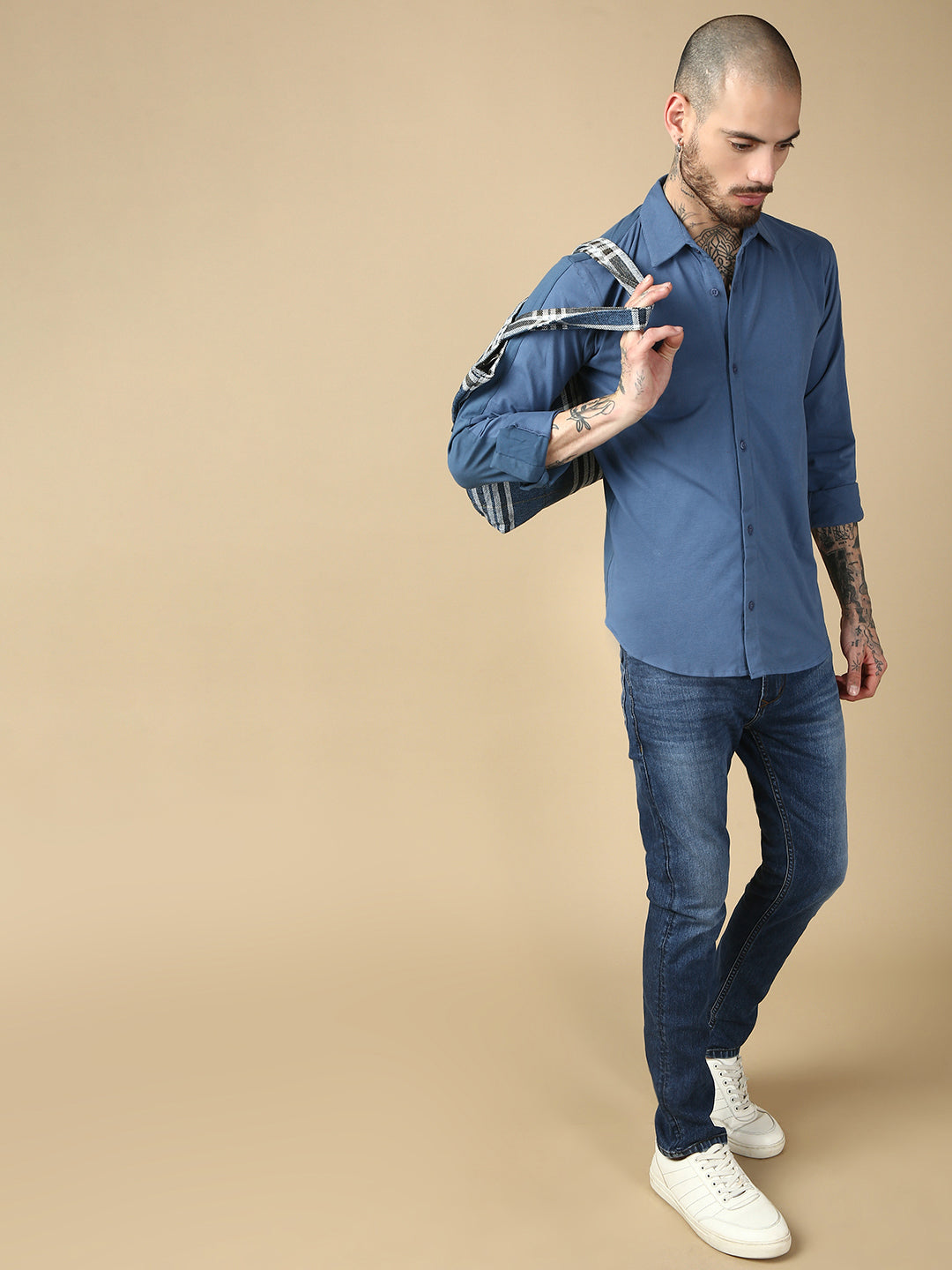 Steel Blue Full Sleeve Slim Fit Shirt Without Pocket