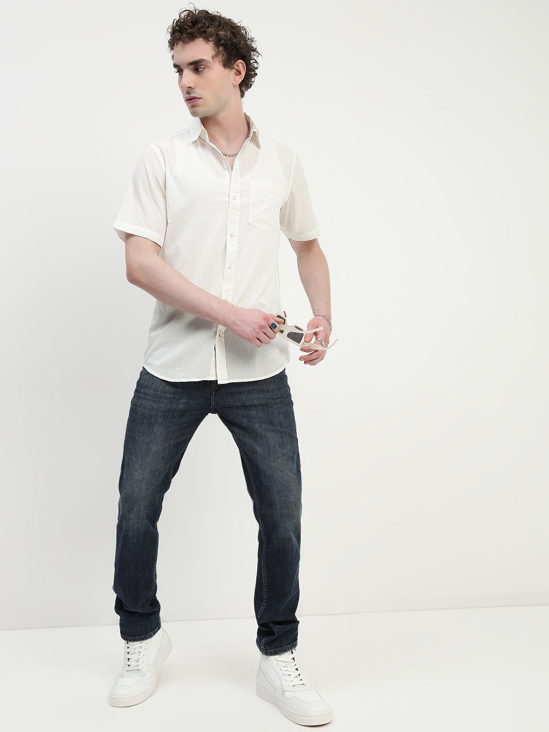 Off White Half Sleeve Relsx Fit Shirt With Pocket