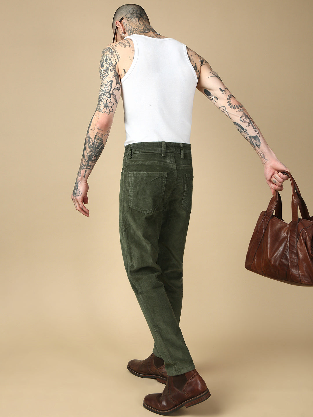 Dark Olive Green Corduray Baggt Fit Stretchable Jeans