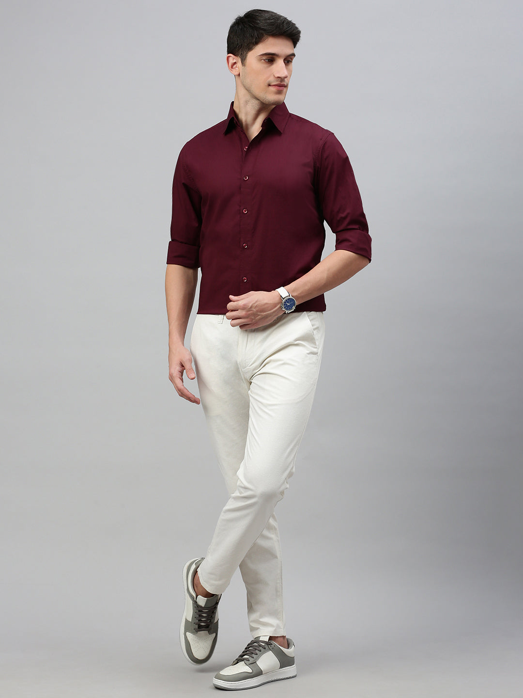 Maroon Solid Poplin Stretch Shirt Without Pocket