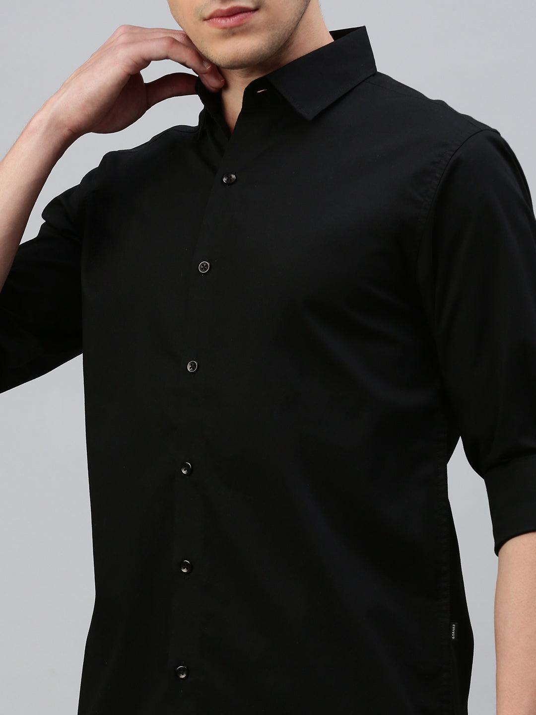 Black Solid Poplin Stretch Shirt Without Pocket