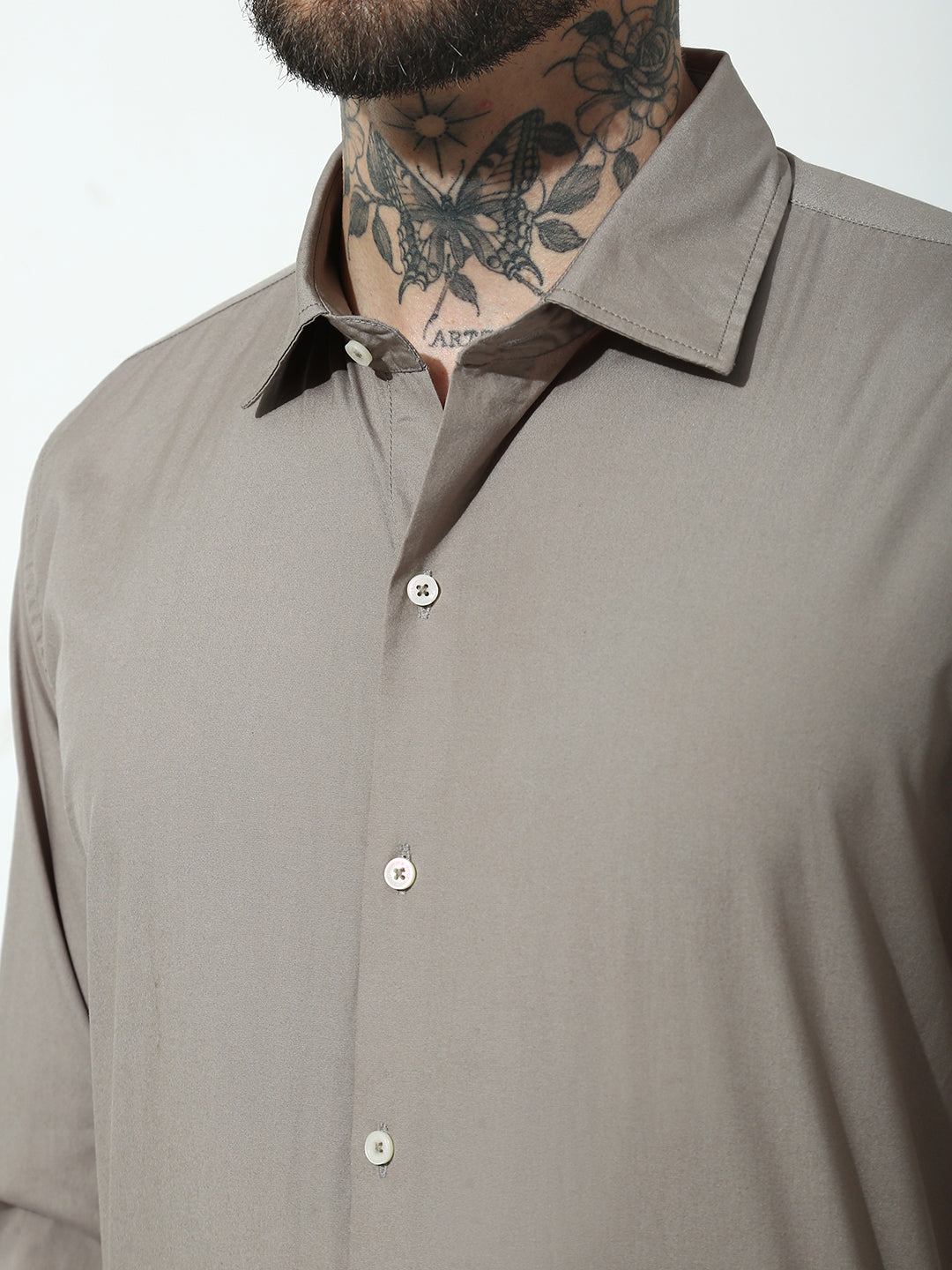 Beige Full Sleeve Slim Fit Shirt Without Pocket