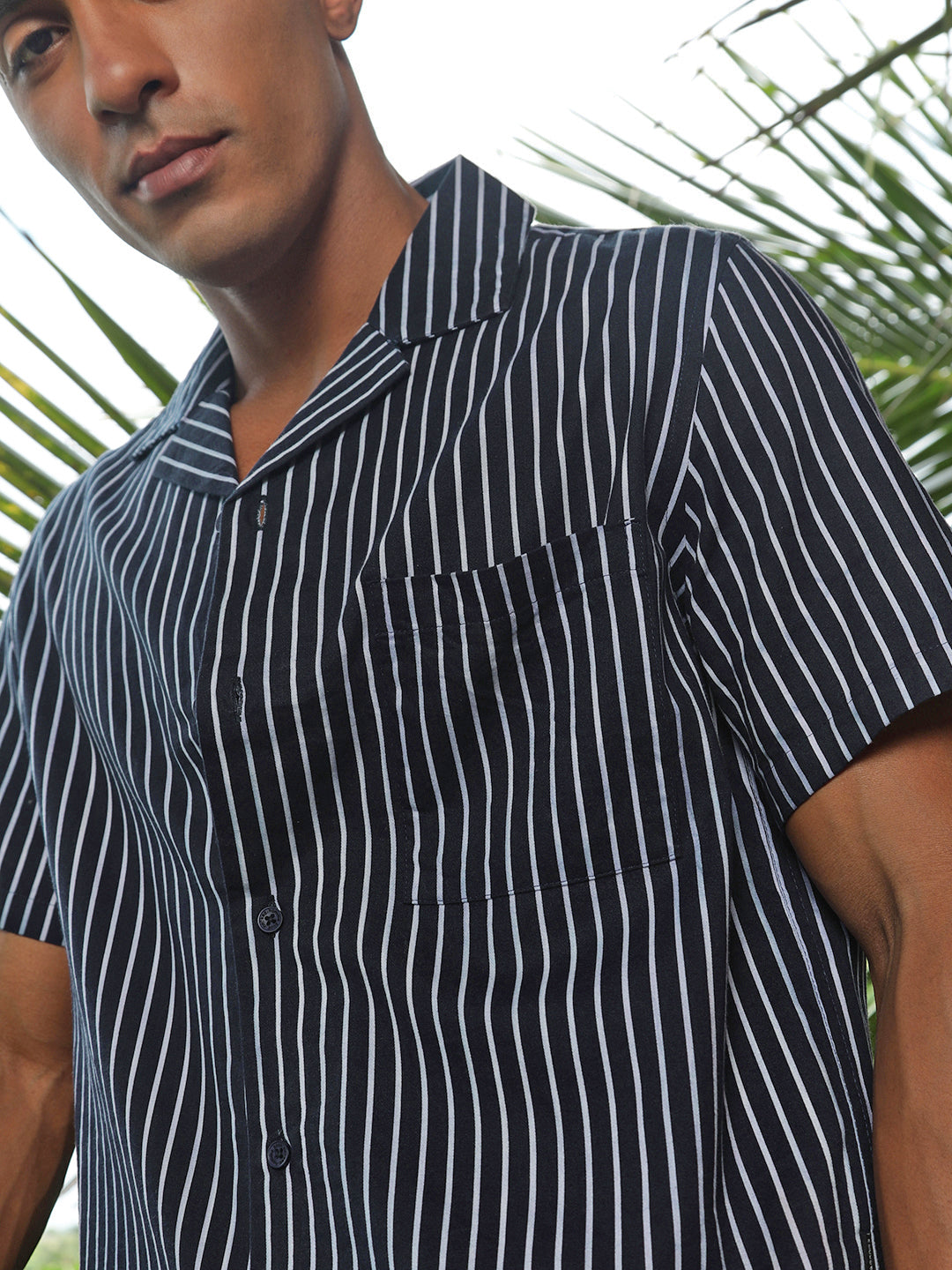 Self Stripe Half Sleeve Oversize Shirt With Pocket