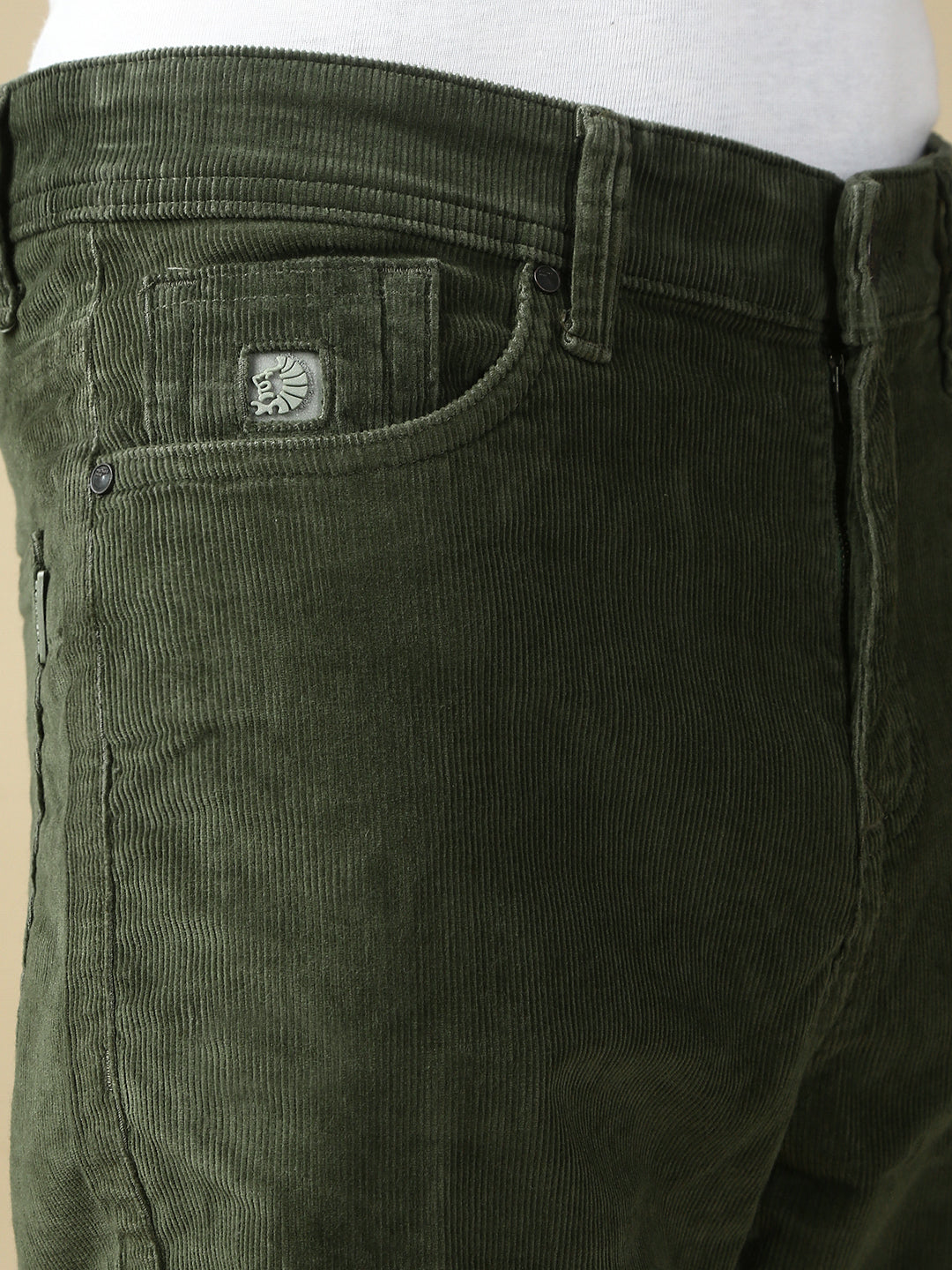 Dark Olive Green Corduray Baggt Fit Stretchable Jeans