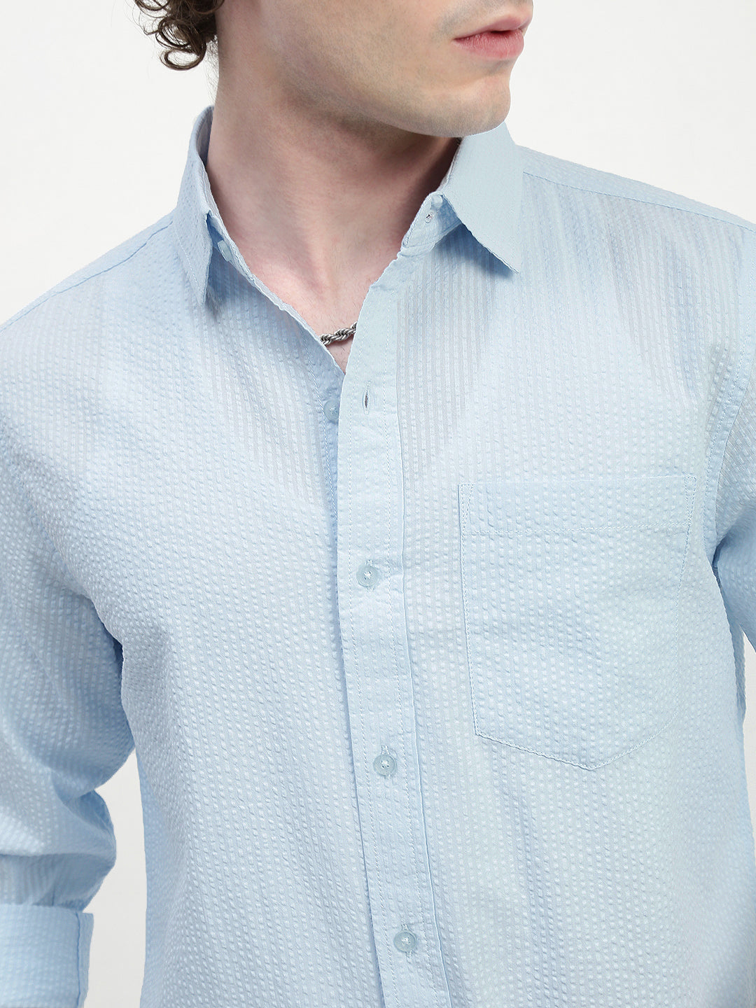Seersucker Sky Full Sleeve Relsx Fit Shirt With Pocket