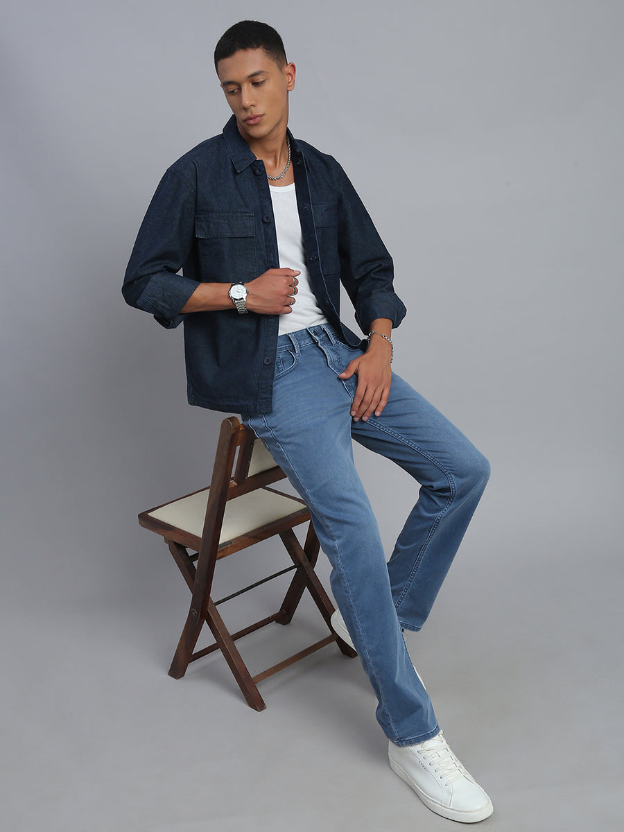 Ice Blue Regular Straight Fit Stretchable Jeans