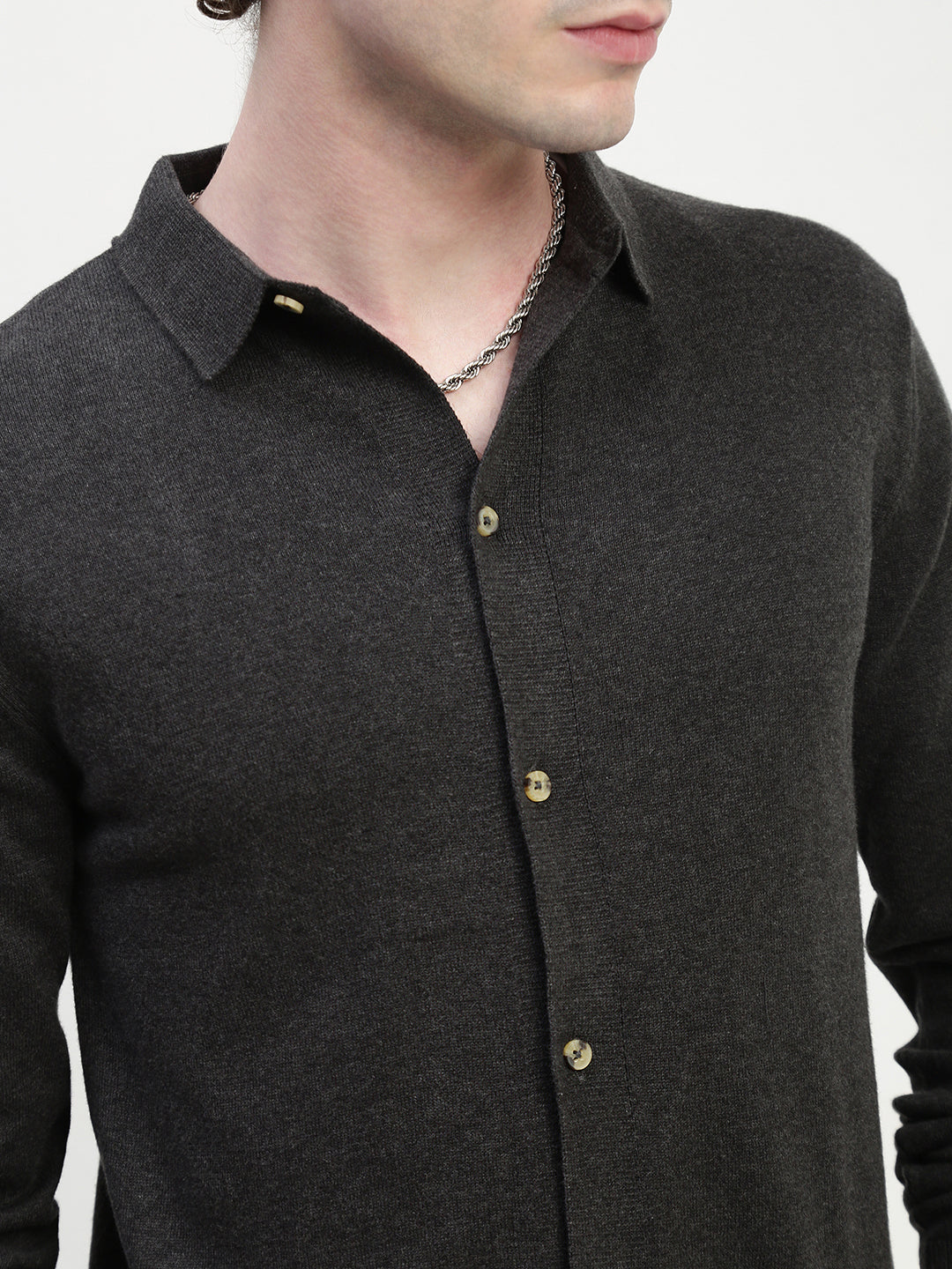Dark Gray Knit Cardigan Full Sleeve Relax Slim Fit Shirt Without Pocket