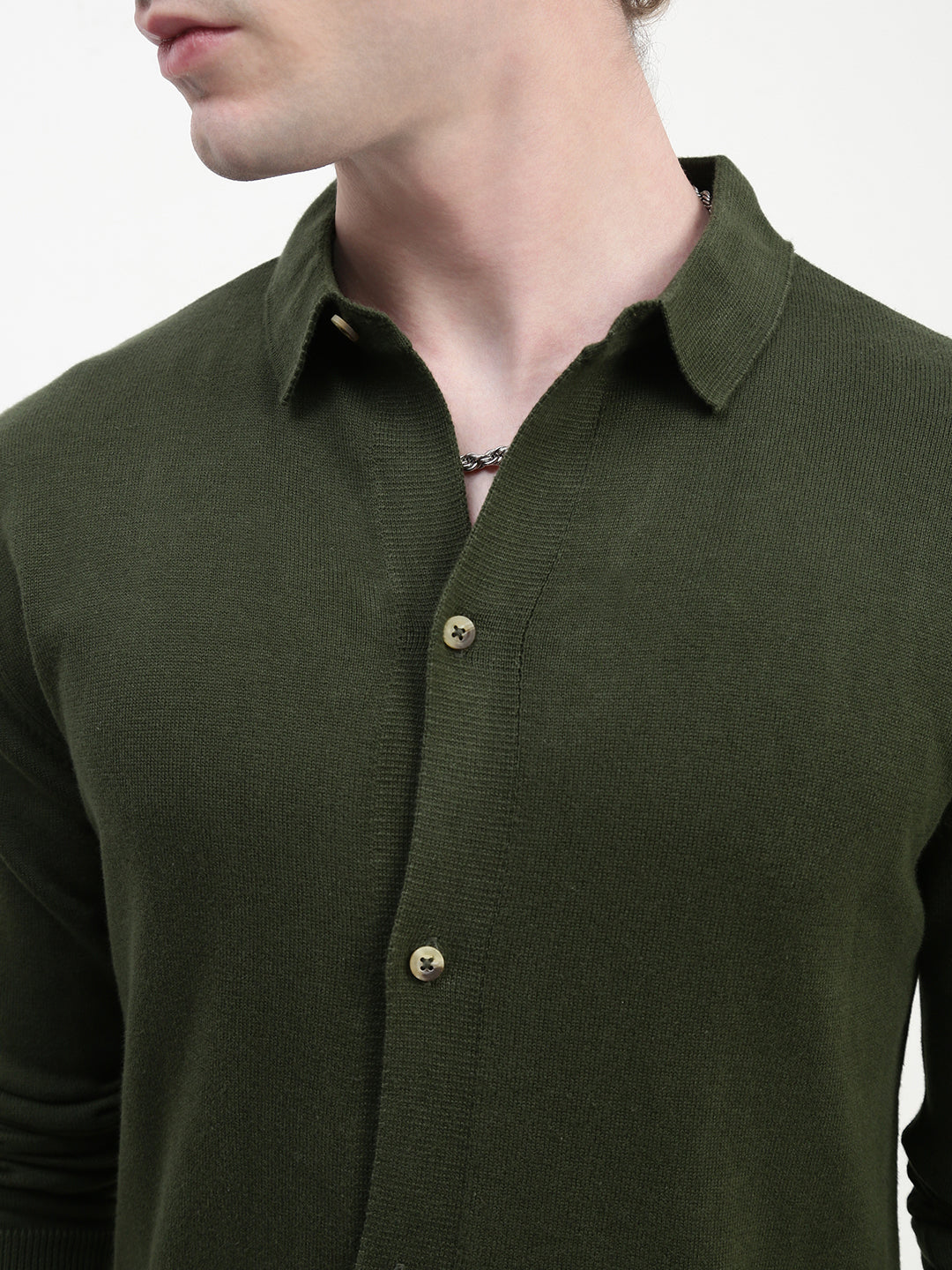 Olive Knit Cardigan Full Sleeve Relax Slim Fit Shirt Without Pocket