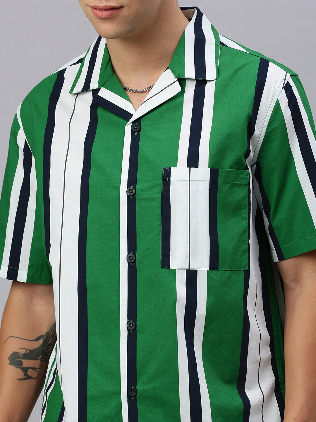 Stripe Half Sleeve Oversize Shirt With Pocket