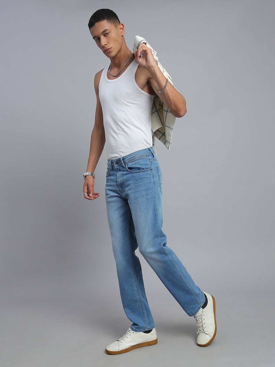 Sky Blue Regular Straight Fit Stretchable Jeans