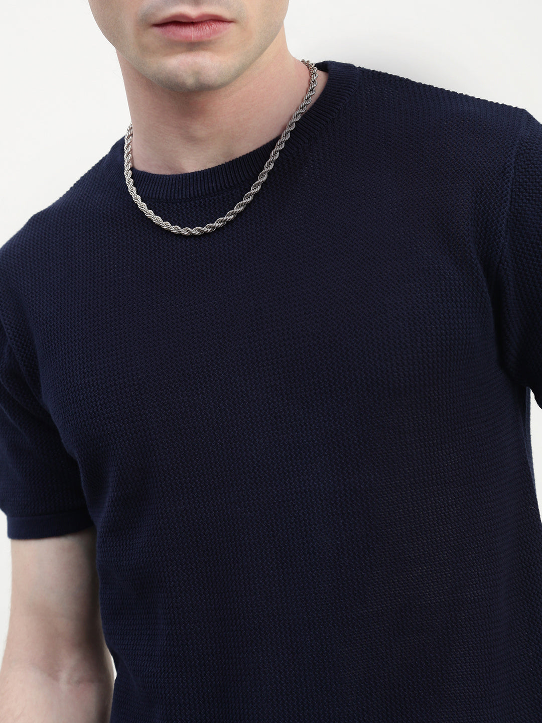 Crew Neck See Through Navy Blue Cotton T-Shirt