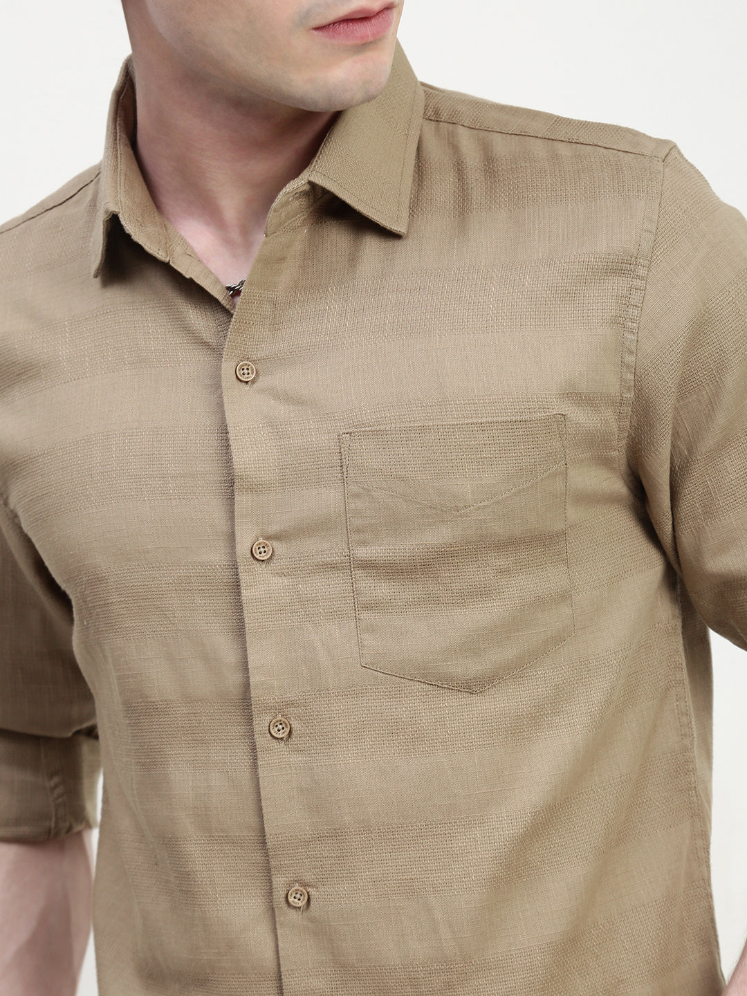 Beige Dobby Full Sleeve Slim Fit Shirt With Pocket