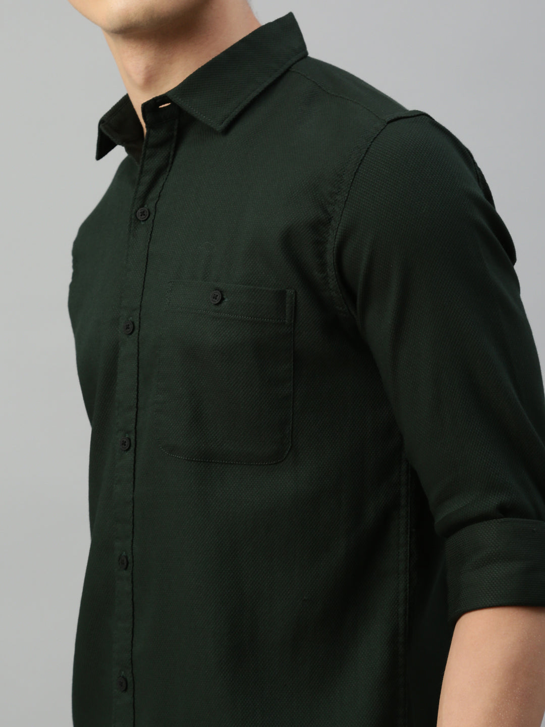 Dark Green Honey Comb Dobby Weave Stretchable Shirt With Patch Pocket