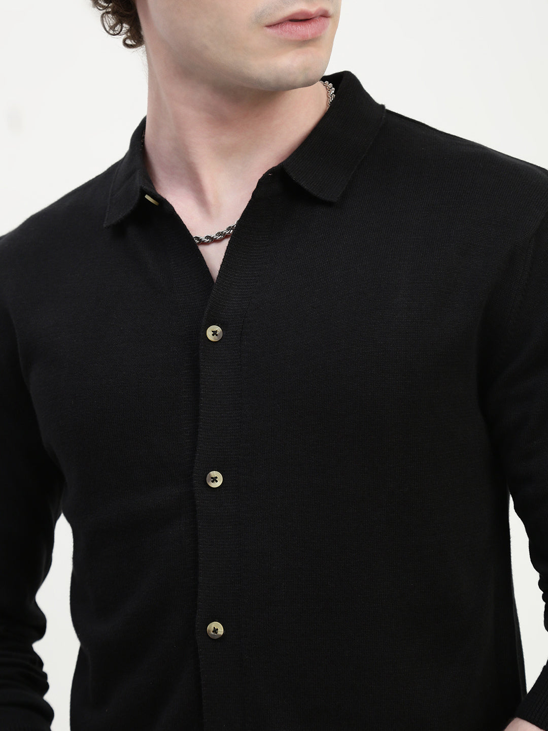 Black Knit Cardigan Full Sleeve Relax Slim Fit Shirt Without Pocket