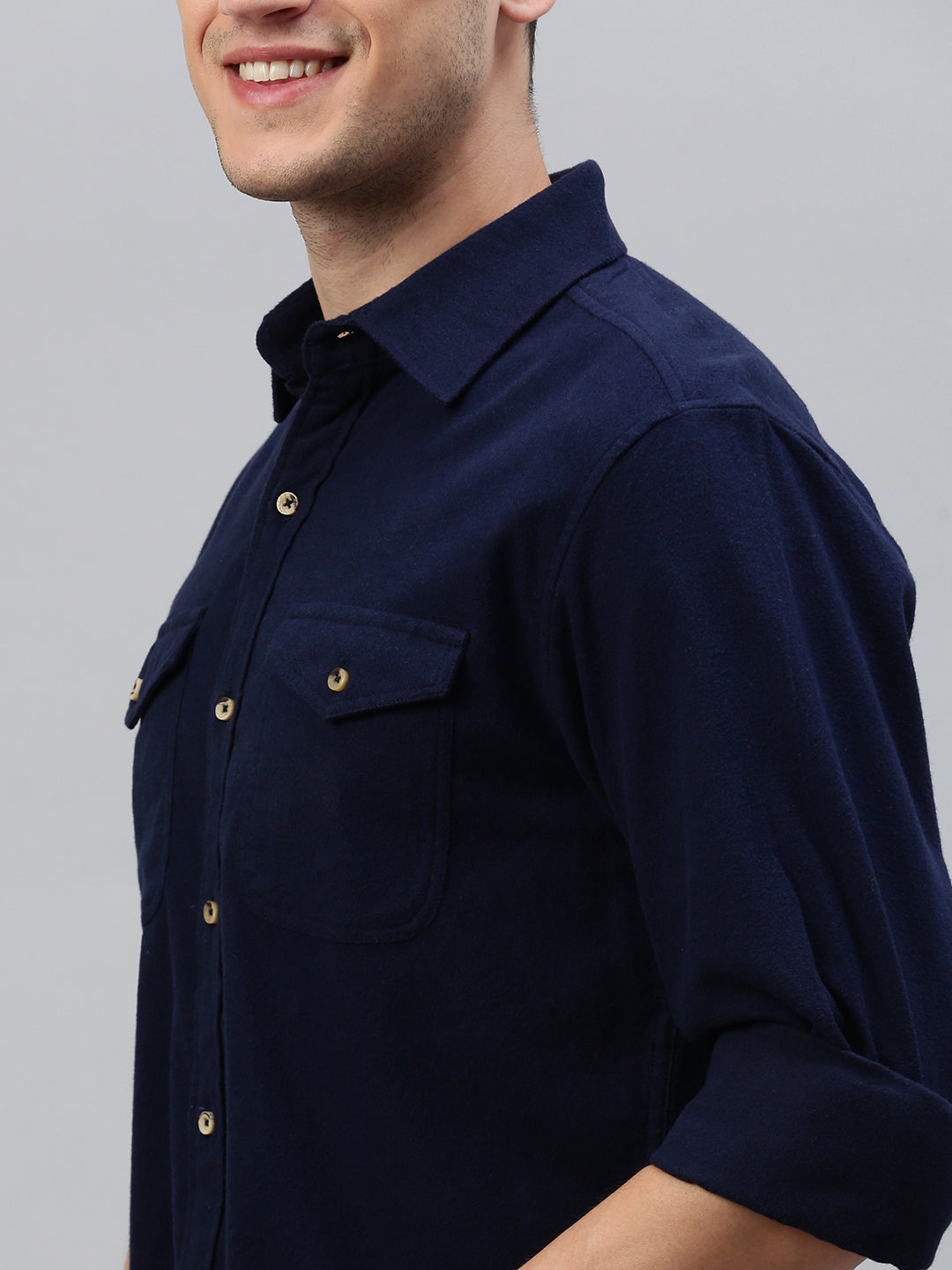 Navy Blue Brushing Cotton Shirt With Double Pocket