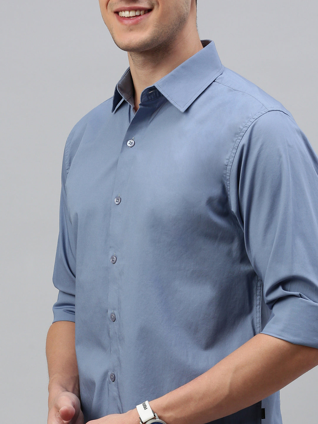 Cloud Blue Solid Poplin Stretch Shirt Without Pocket