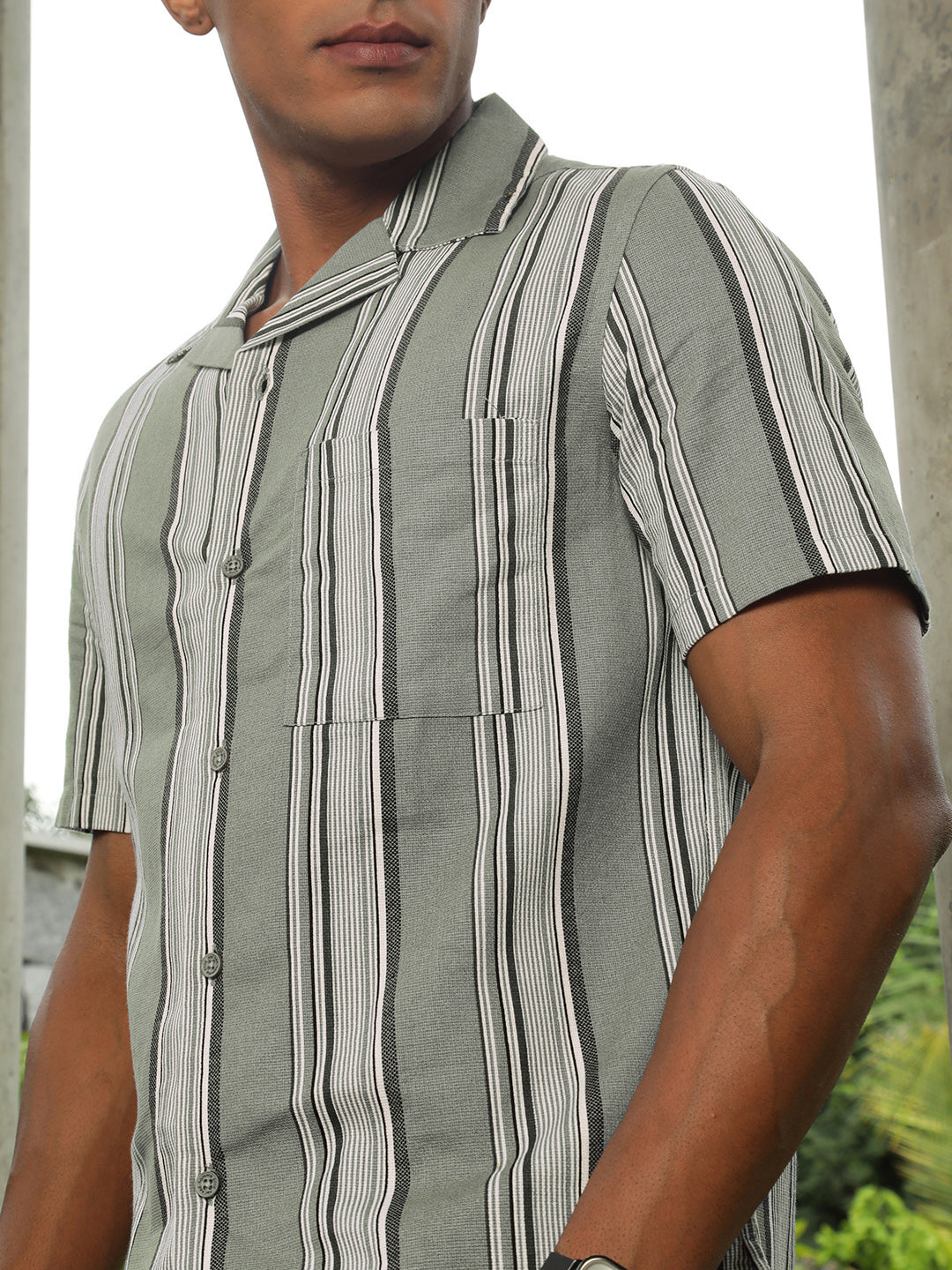 Self Stripe Half Sleeve Oversize Shirt With Pocket