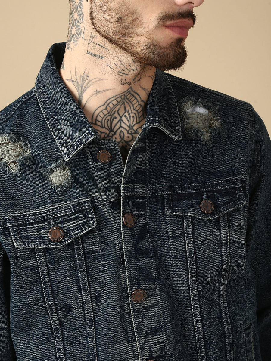Vintage Blue Repeed Slim Fit Denim Jacket