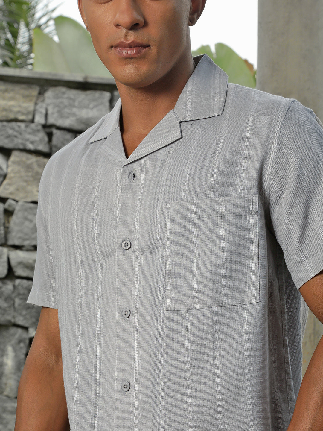 Self Stripe Half Sleeve Oversize Shirt With Pocket