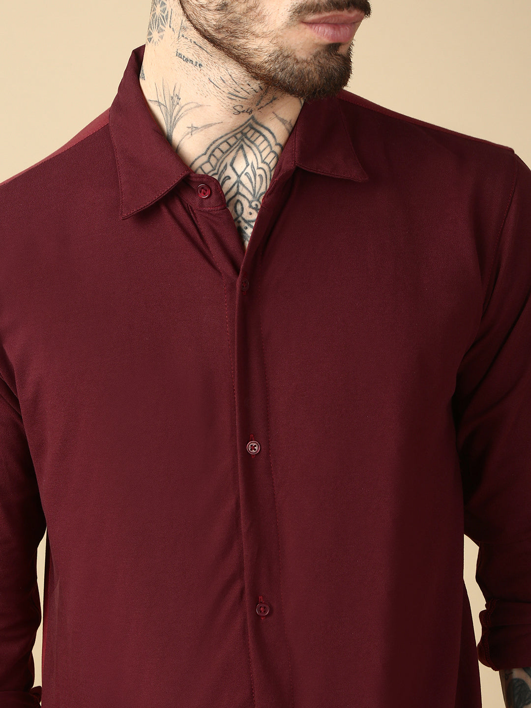 Burgundy Red Full Sleeve Slim Fit Shirt Without Pocket