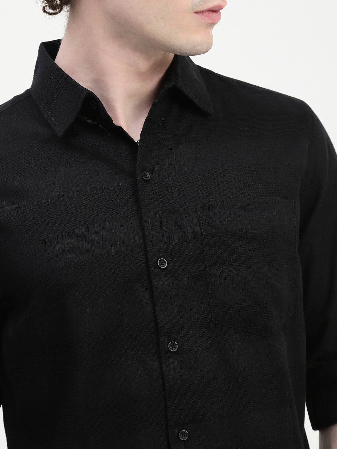 Black Dobby Full Sleeve Slim Fit Shirt With Pocket