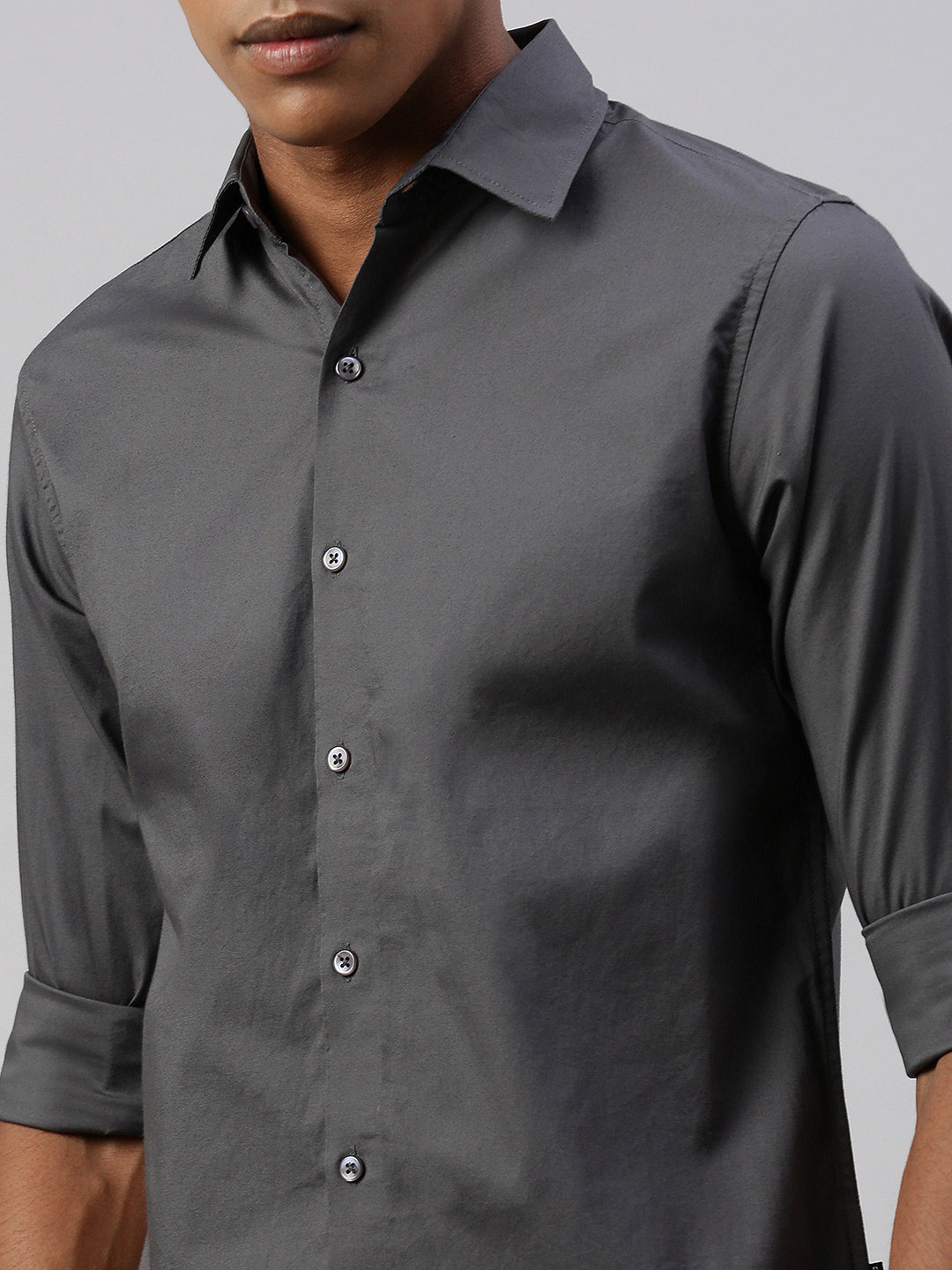 Gray Solid Poplin Stretch Shirt Without Pocket
