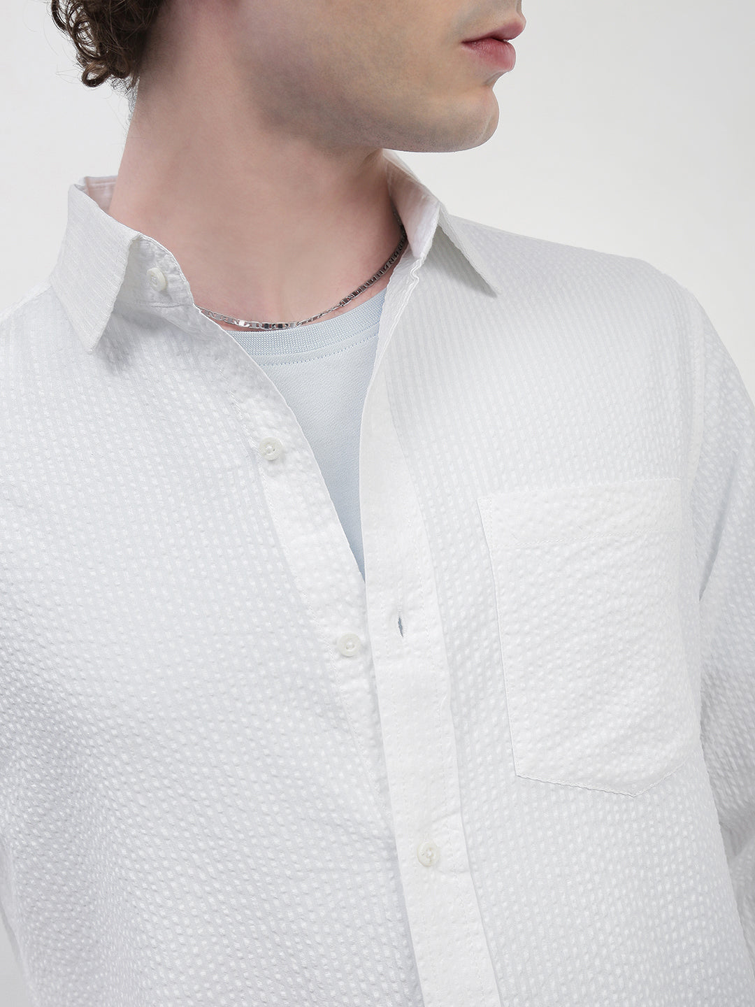 Seersucker White Full Sleeve Relsx Fit Shirt With Pocket