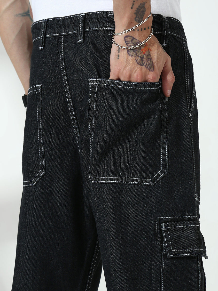 Black Front Patch Pocket Loos Fit Cargo Paint