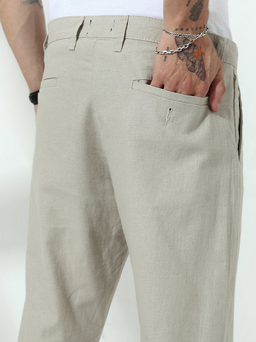 Light Belge Relax Fit Cross Pocket  Linen Pant