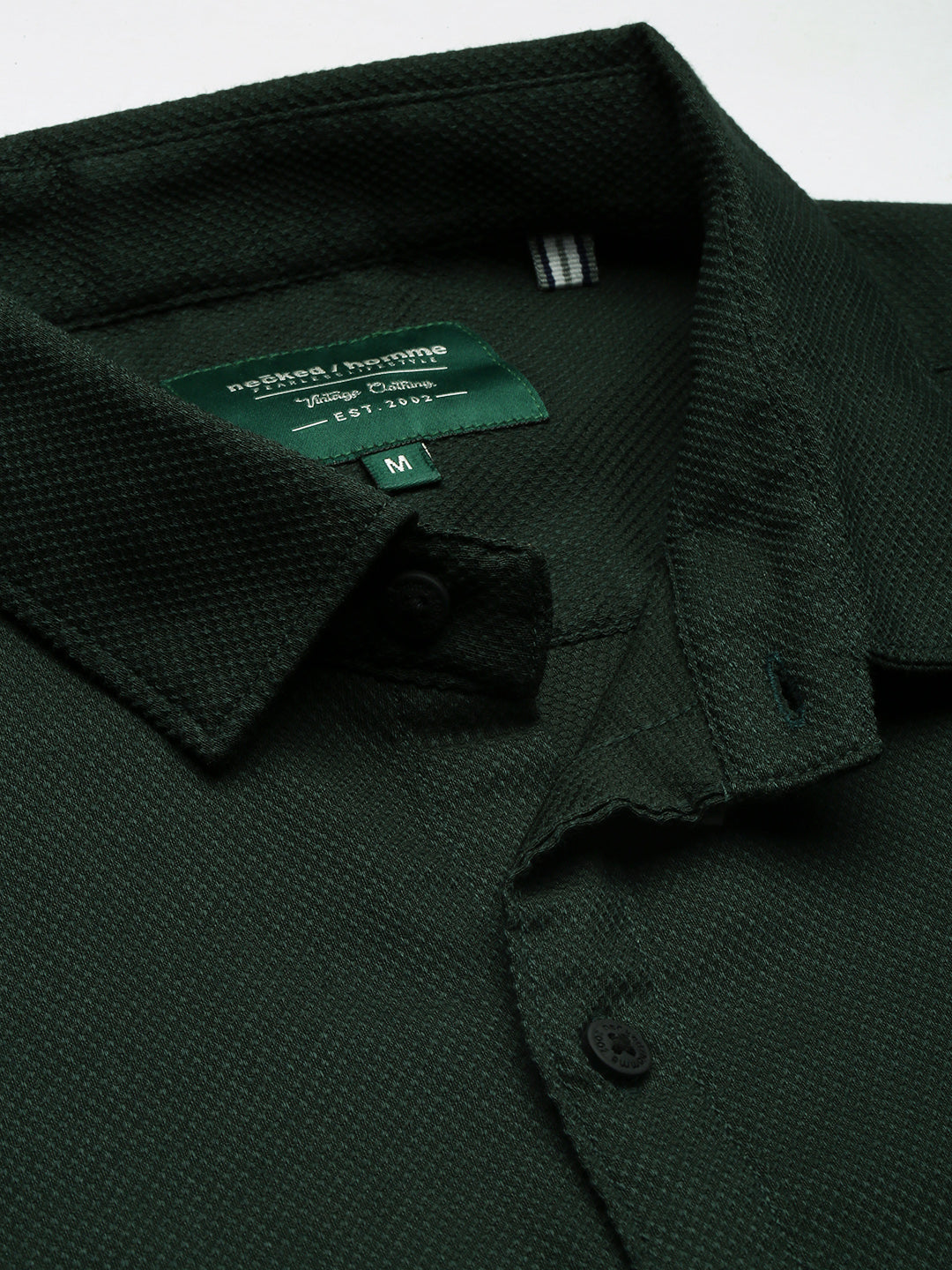 Dark Green Honey Comb Dobby Weave Stretchable Shirt With Patch Pocket