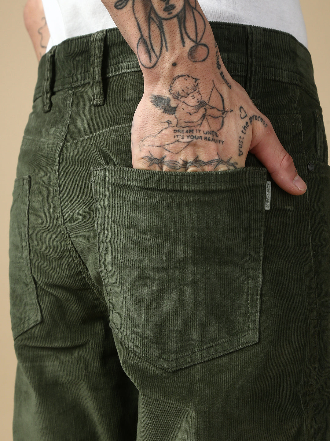 Dark Olive Green Corduray Baggt Fit Stretchable Jeans