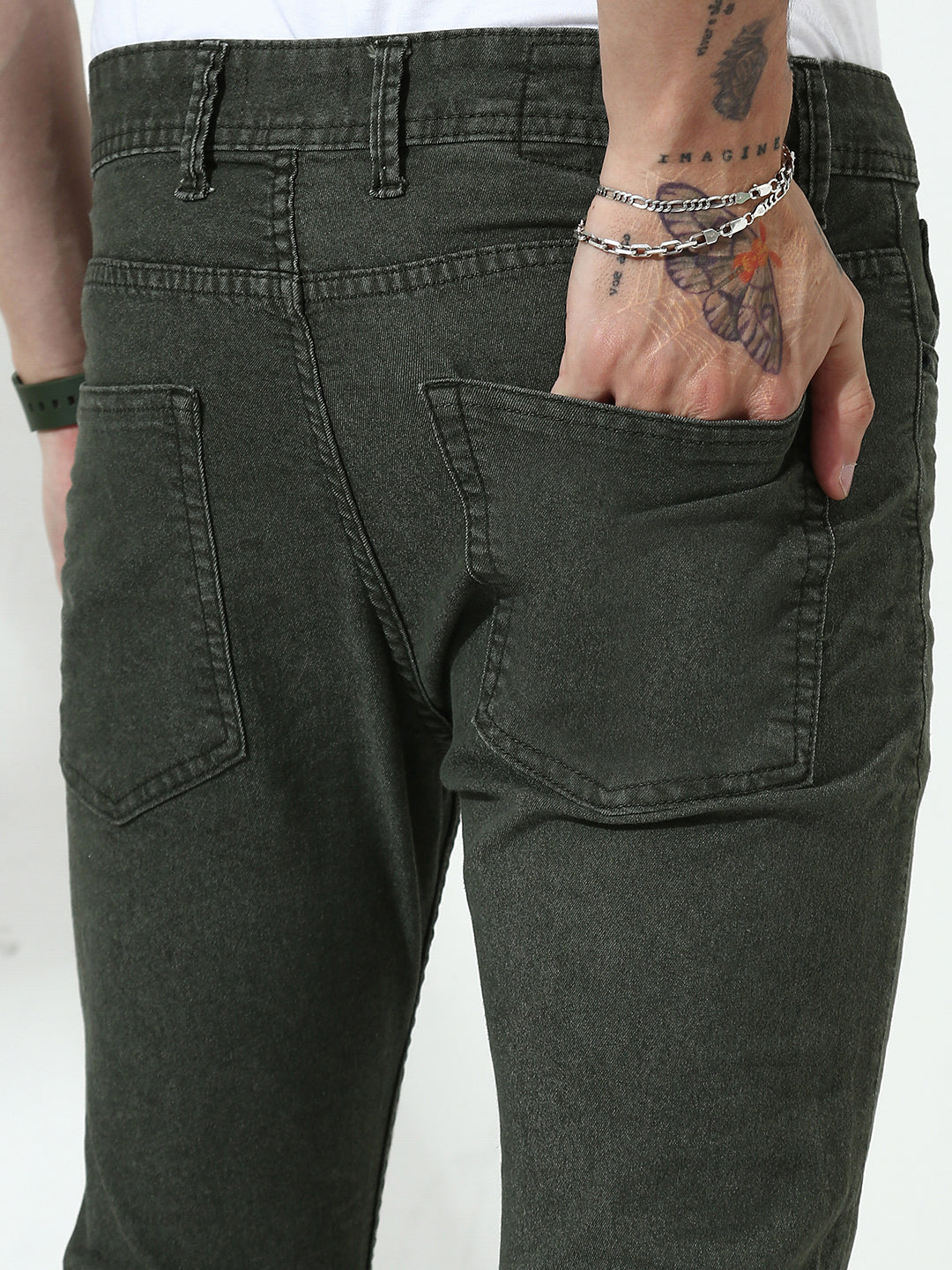 Green Poly Stretch Trapped Fit Jeans