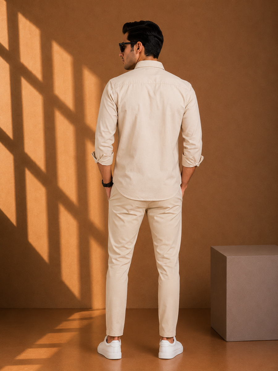 Beige Full Sleeve Relax Fit Shirt Without Pocket