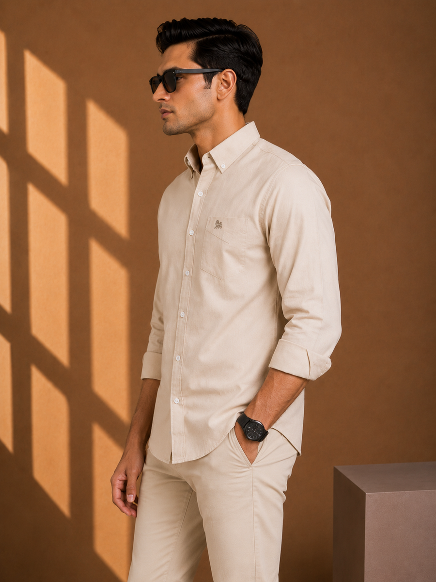 Beige Full Sleeve Relax Fit Shirt Without Pocket