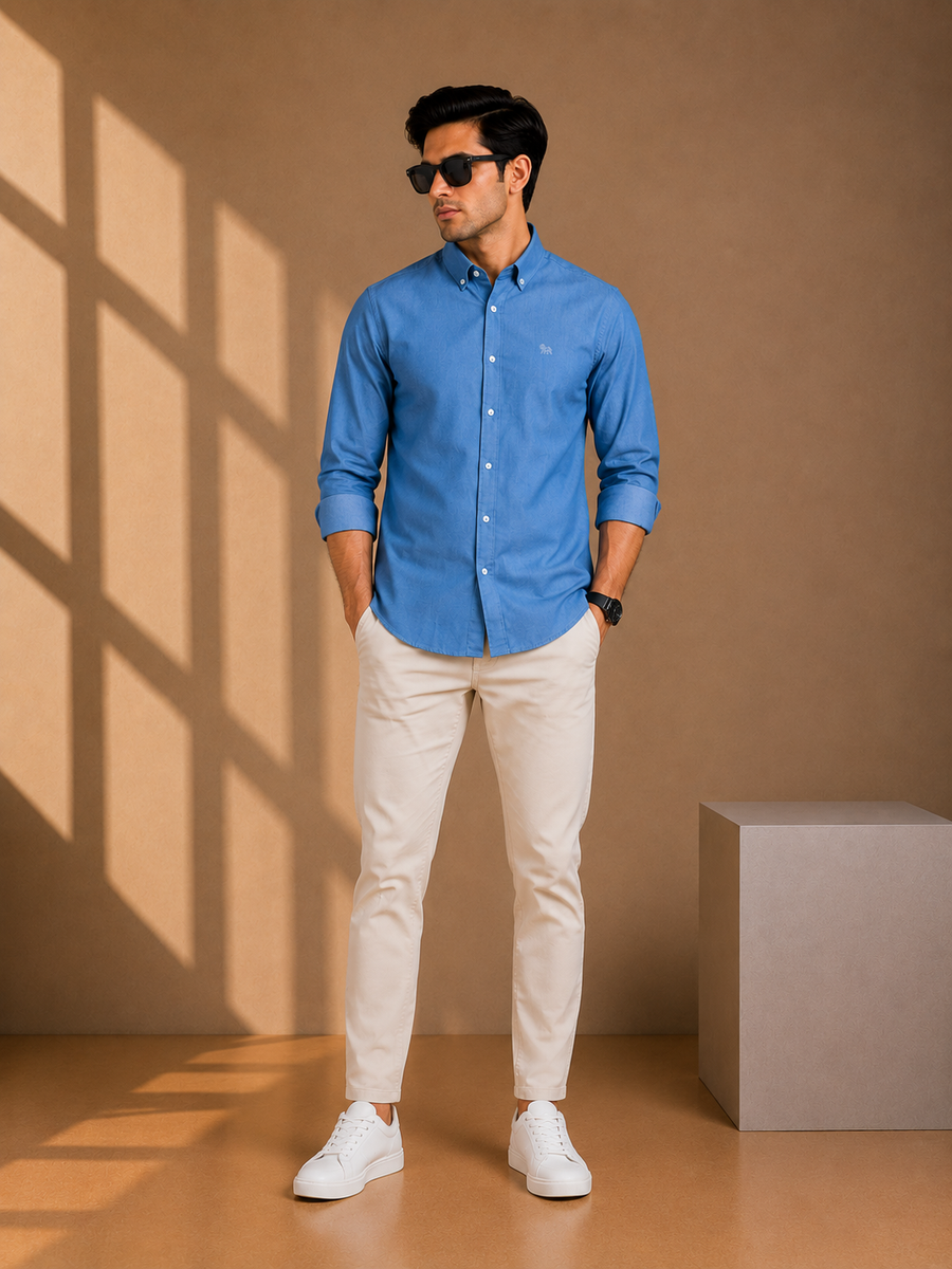 Steel Blue Full Sleeve Relax Fit Shirt Without Pocket