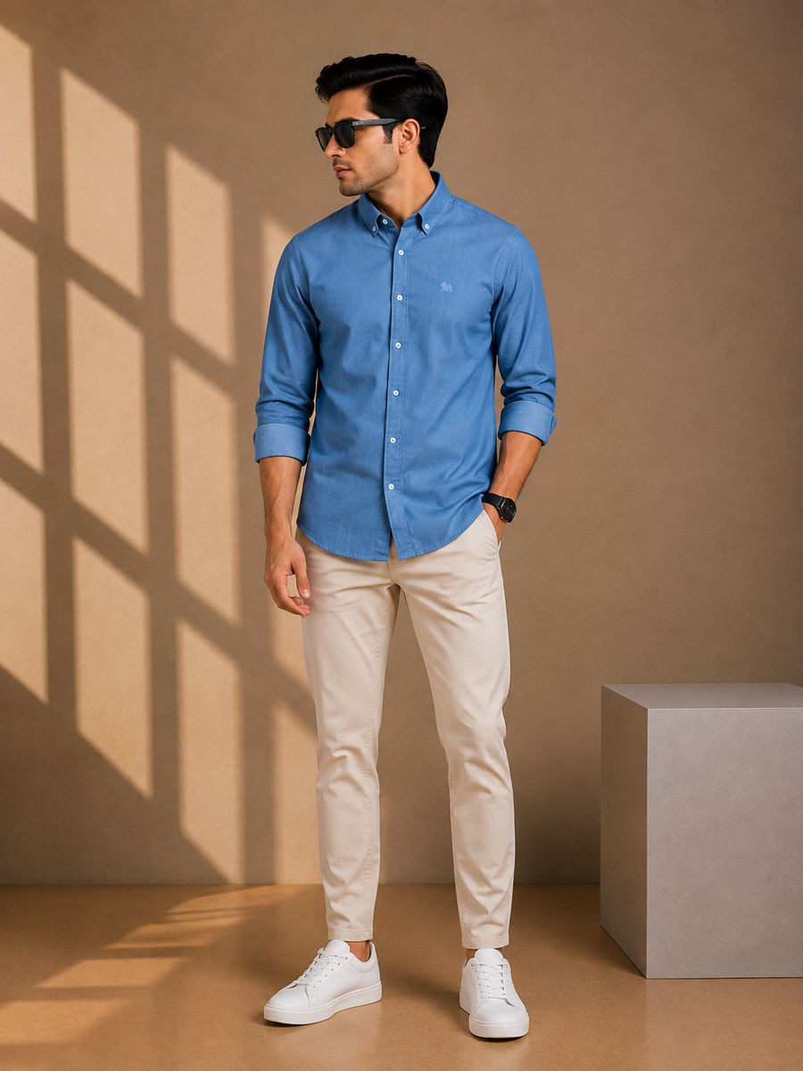 Steel Blue Full Sleeve Relax Fit Shirt Without Pocket