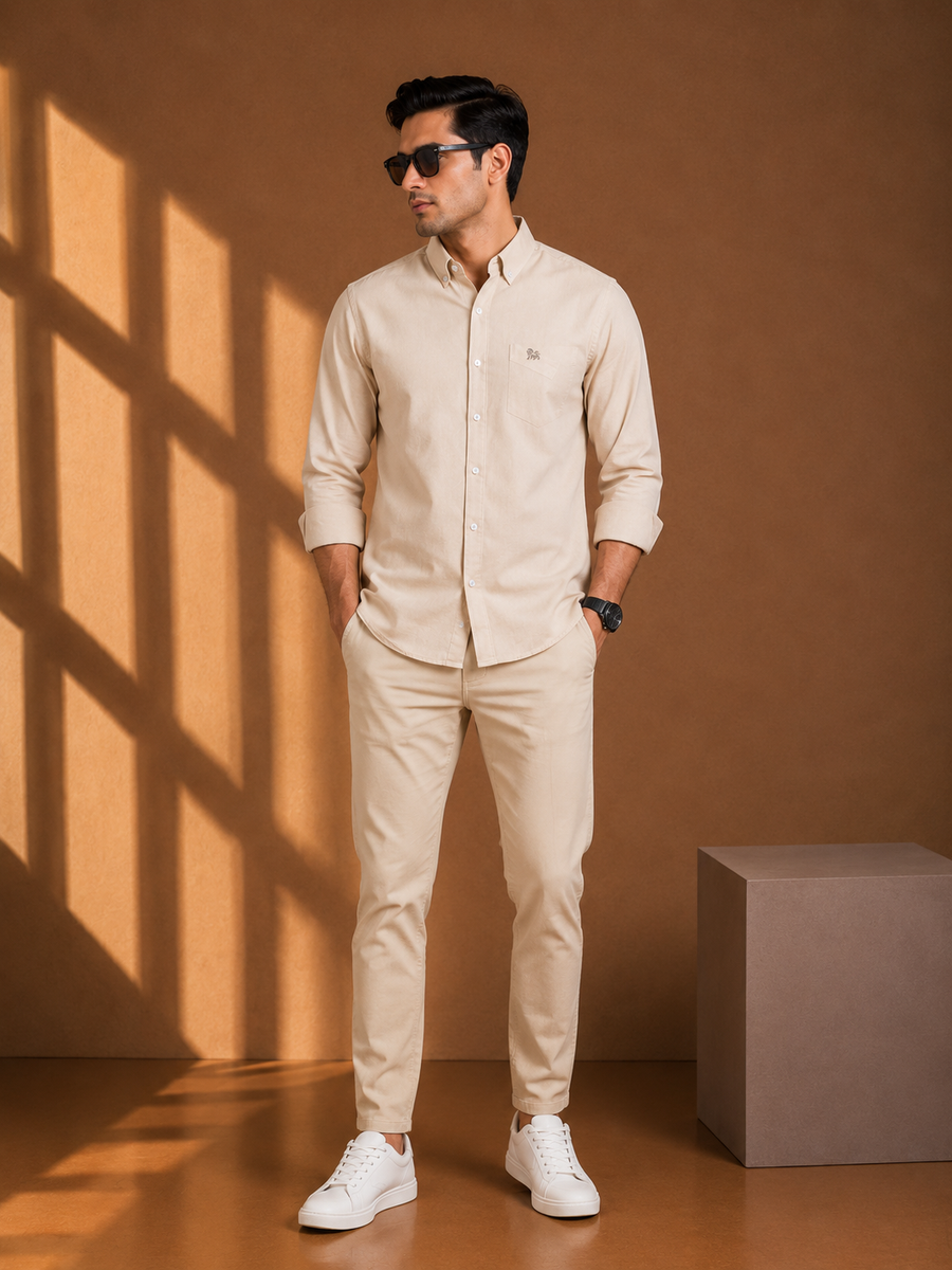 Beige Full Sleeve Relax Fit Shirt Without Pocket