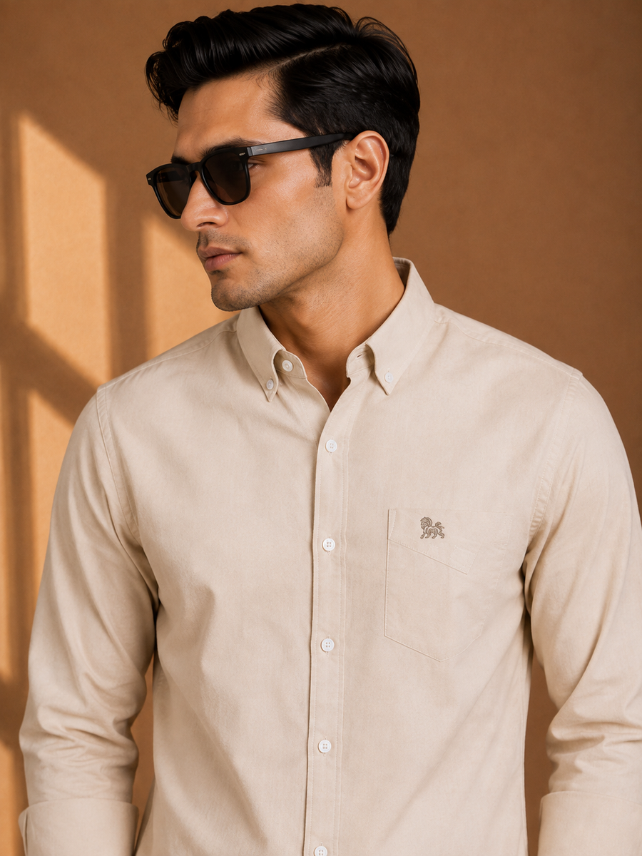 Beige Full Sleeve Relax Fit Shirt Without Pocket